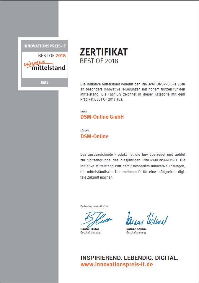 DSM-Online BEST OF 2018 Zertifikat